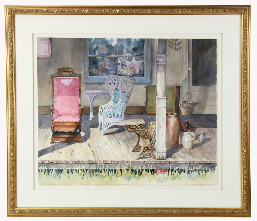Porch Scene, Watercolor Gouache: Porch scene, watercolor gouache, signed indistinctly L/R, 20 1/2" x 25 1/2", in gilt frame 30" x 34 3/4". Provenance: Estate of Dalia Zikas of Melrose, Massachusetts.