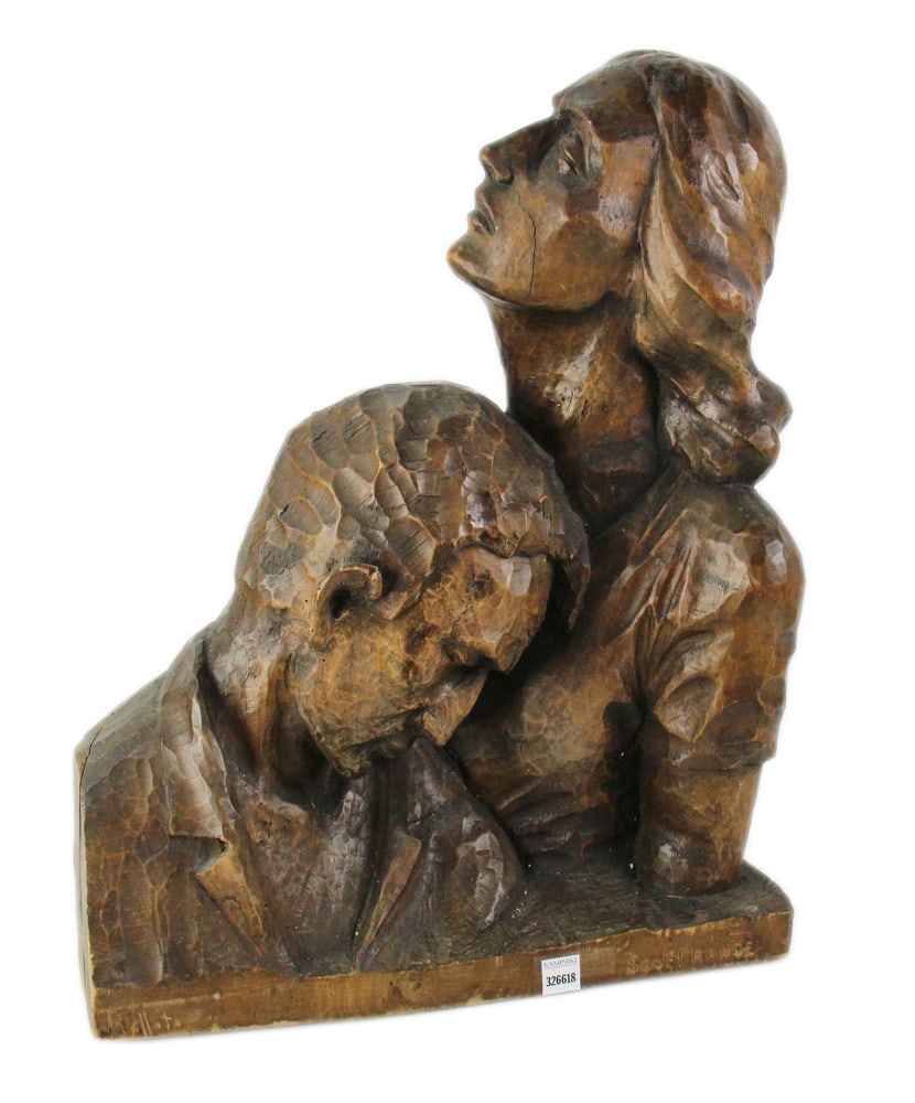 Art Deco Carved Wood Figure of Man and Woman: Art Deco carved wood figure of man and woman, signed and titled in French, 23" x 18". Provenance: Estate of Dalia Zikas of Melrose, Massachusetts.
