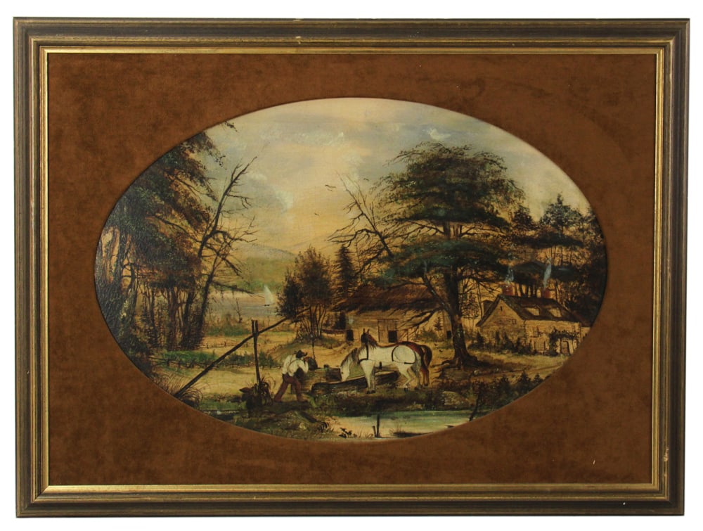 Farm Scene with Man and Horse, Oil on Canvas (1 of 4)