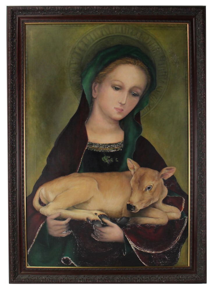 Religious Figure Holding Calf, Oil on Canvas: Religious figure holding calf, oil on canvas, 46 1/2" x 30 1/4" (sight), in carved frame 53 1/2" x 37 1/2". Provenance: Estate of Dalia Zikas of Melrose, Massachusetts.