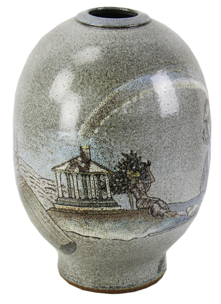 Studio Art Pottery, Fantasy Classical Scene "Grecko": Studio art pottery vase, fantasy classical scene titled "Grecko", 14" H x approximately 9" diameter. Good condition. Provenance: Estate of Dalia Zikas of Melrose, Massachusetts.