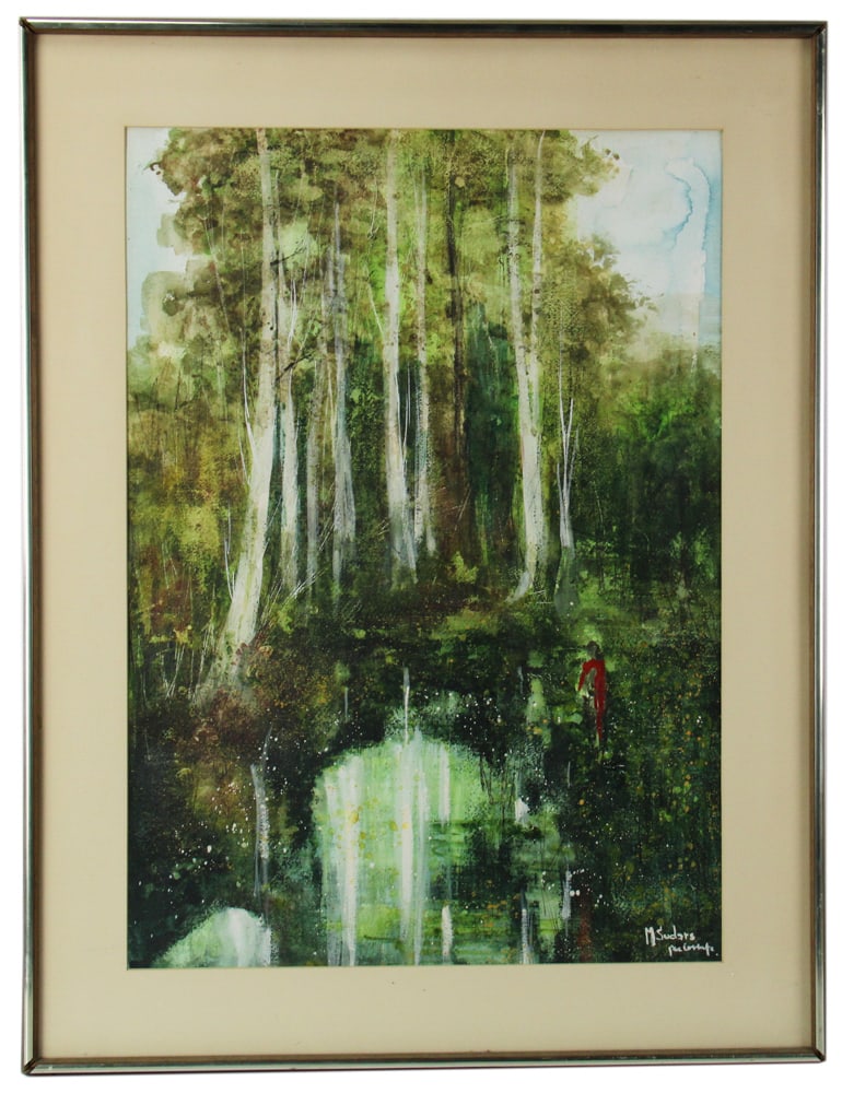 Woodland landscape, Watercolor Gouache: Woodland landscape, watercolor gouache, signed indistinctly L/R, 27 1/2" x 19 1/2" (sight), framed 34 1/4" x 26 1/2". Provenance: Estate of Dalia Zikas of Melrose, Massachusetts.