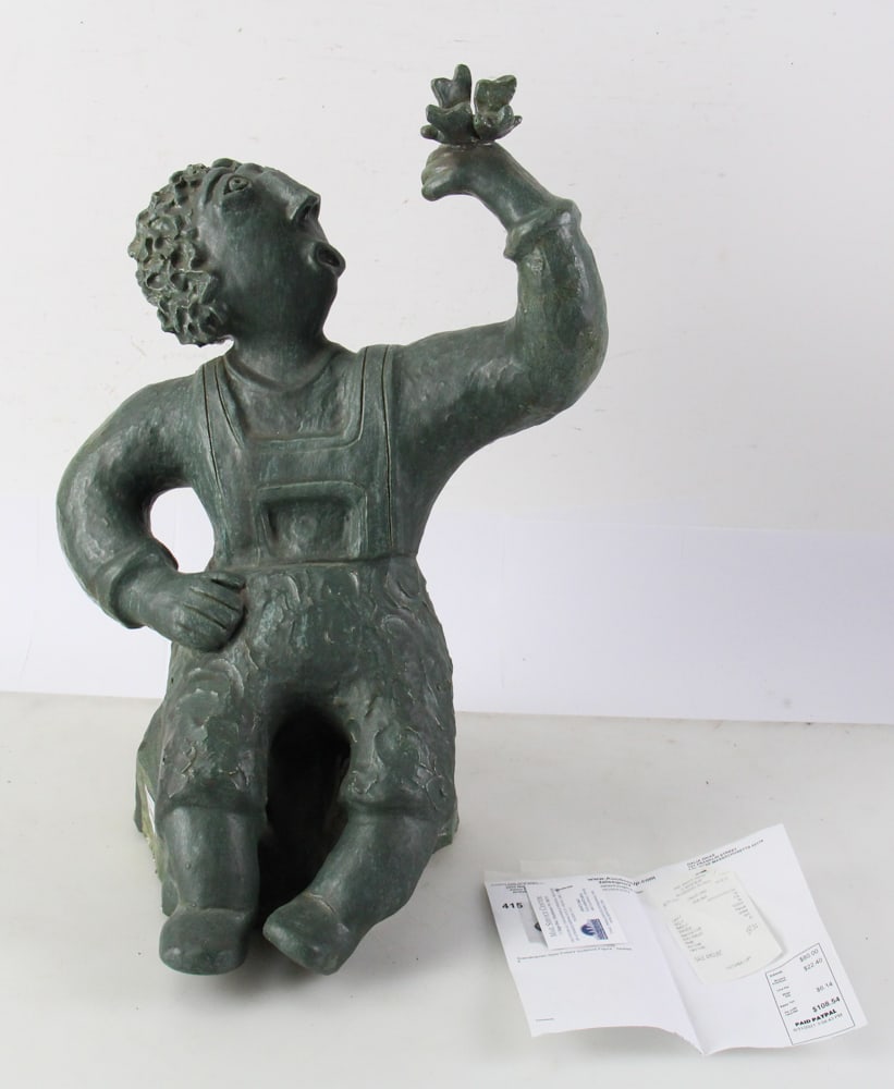 Scandinavian-style Pottery Sculpture of Figure with Butterfly: Scandinavian-style pottery sculpture of figure with butterfly, 18" x 15". Provenance: Estate of Dalia Zikas of Melrose, Massachusetts.