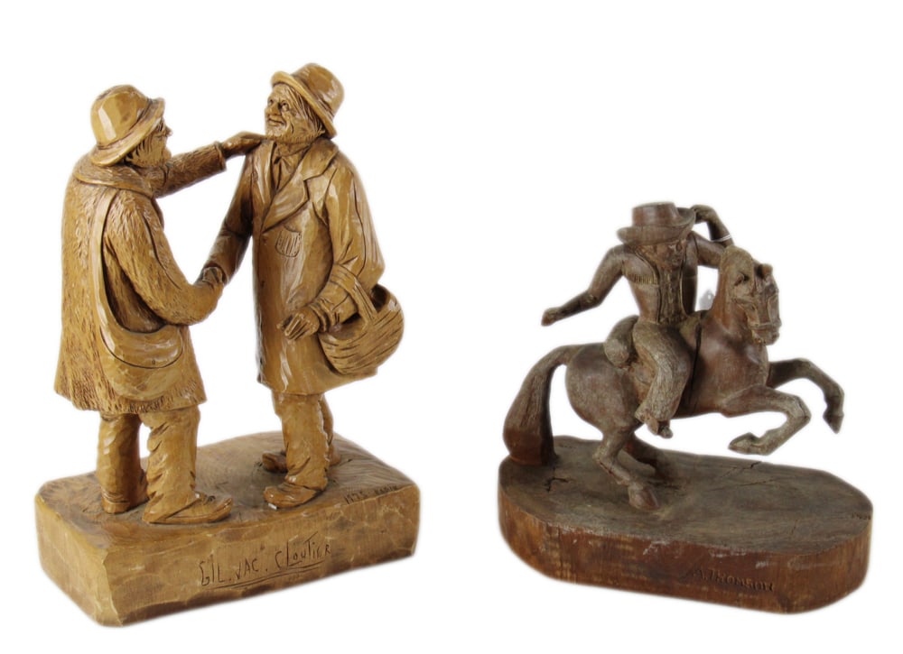 Wood Carvings by A. Thomson, Gilles Jacques Cloutier: Two wood carvings, including: A. Thomson Folk Art bronco rider, signed, 12" x 12"; Canadian carving of men shaking hands, by Gilles Jacques Cloutier, dated 1975, 17" x 11". Provenance: Estate of