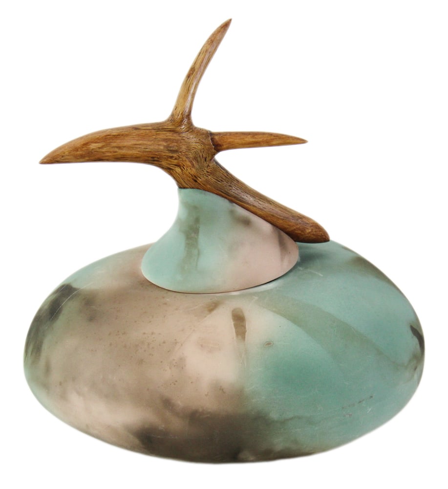 Jan Jacque Studio Art Pottery Raku Covered Vessel: Studio art pottery Raku covered vessel signed Jan Jacque, carved wood finial, approximately 12 1/2" x 10" diameter. Good condition, minor surface scuffing only. Provenance: Estate of Dalia Zikas of