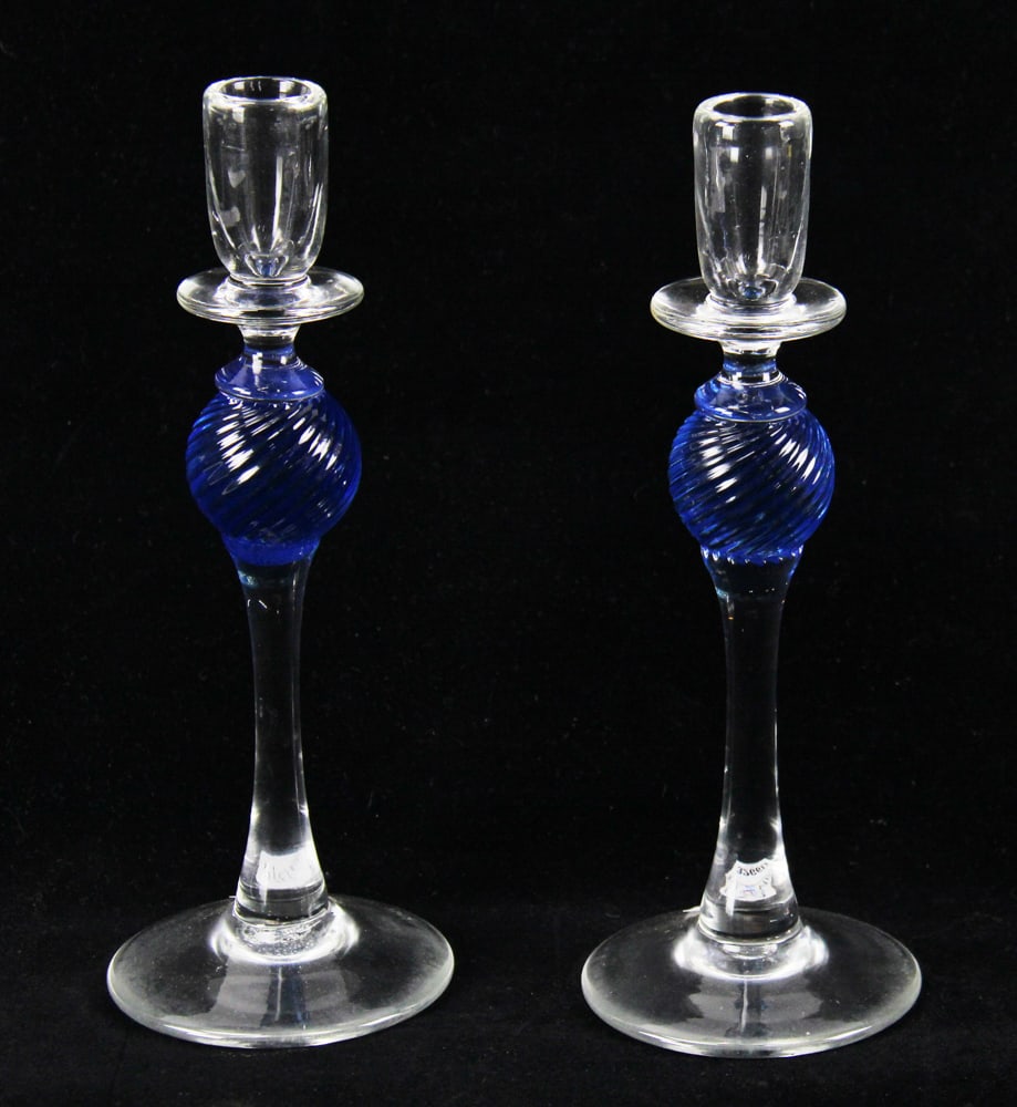 Pair of Art Glass Candlesticks, Twisted Blue Design: Pair of art glass candlesticks with twisted blue design, 10" H. Provenance: Estate of Dalia Zikas of Melrose, Massachusetts.