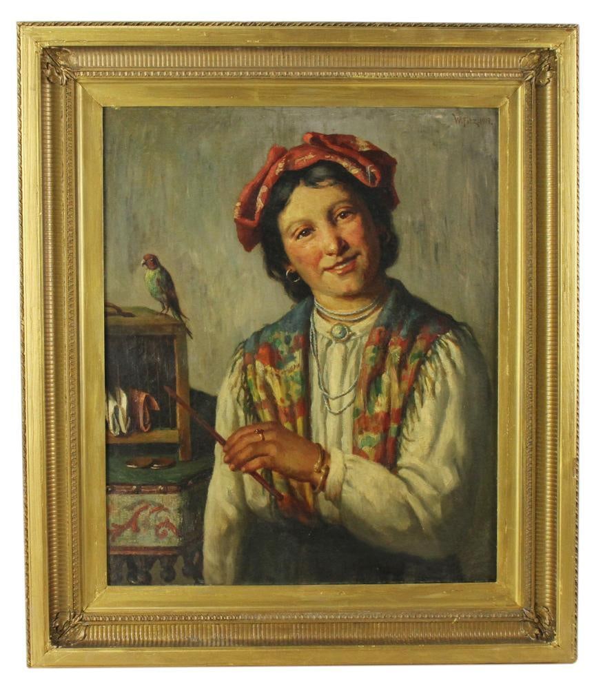 W. Fitz, 1913, Girl with Her Bird, Oil on Canvas: W. Fitz, 1913, "Girl with Her Bird", oil on canvas, 24" x 20", framed 32" x 27". Provenance: Palm Beach, Florida estate.