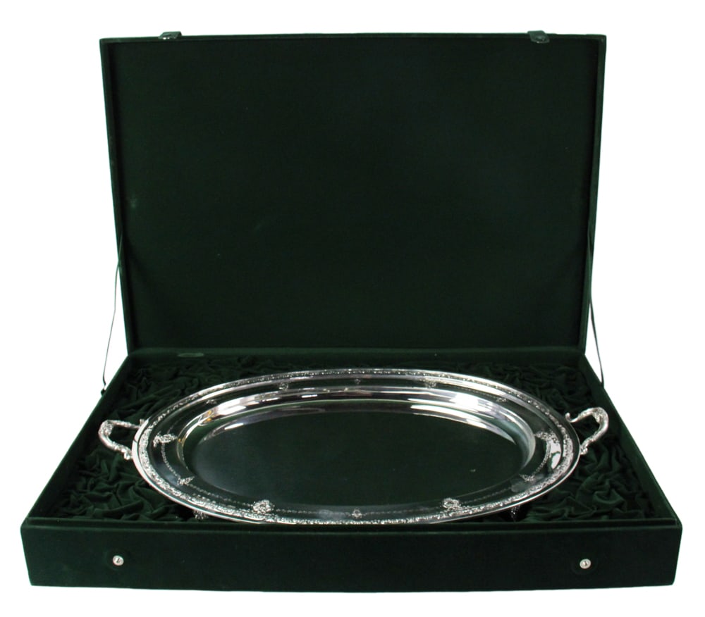 Towle "Old Master" Sterling Footed Handled Tray: Towle "Old Master" sterling footed handled tray, 31" x 21". Approximately 124.0 troy oz. Note: Due to scale capacity, weighed in pounds (8.5) on floor scale, then converted to troy ounces.