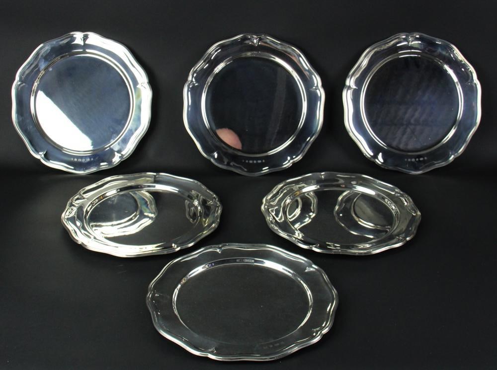 C.J. Vander English Sterling Plates / Chargers: C.J. Vander English sterling plates/chargers, set of (6), 11 1/2" diameter. Approximately 146.7 troy oz TW. Provenance: Newton, Massachusetts collection. PLEASE NOTE: payment for silver, gold,