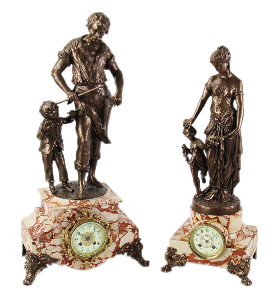 Two 19thC French Pink Marble Base Figural Clocks (1 of 10)