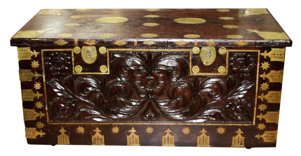 Moroccan Trunk, Carved Mahogany with Brass (1 of 6)