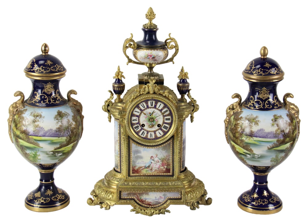 19thC French Sevres Porcelain Clock, Pair of Urns (1 of 1)