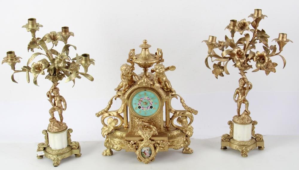 C1885 French Mantel Clock with Cherubs, Candelabra (1 of 12)