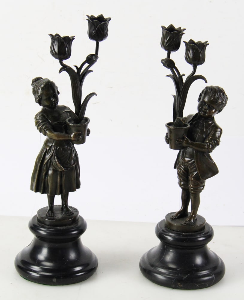 Pair of Early 20thC French Bronze Figural Candle Holders (1 of 1)