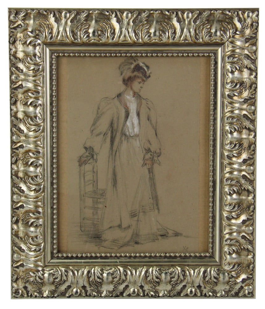 19thC Original Pencil Drawing of Woman with Hat (1 of 6)