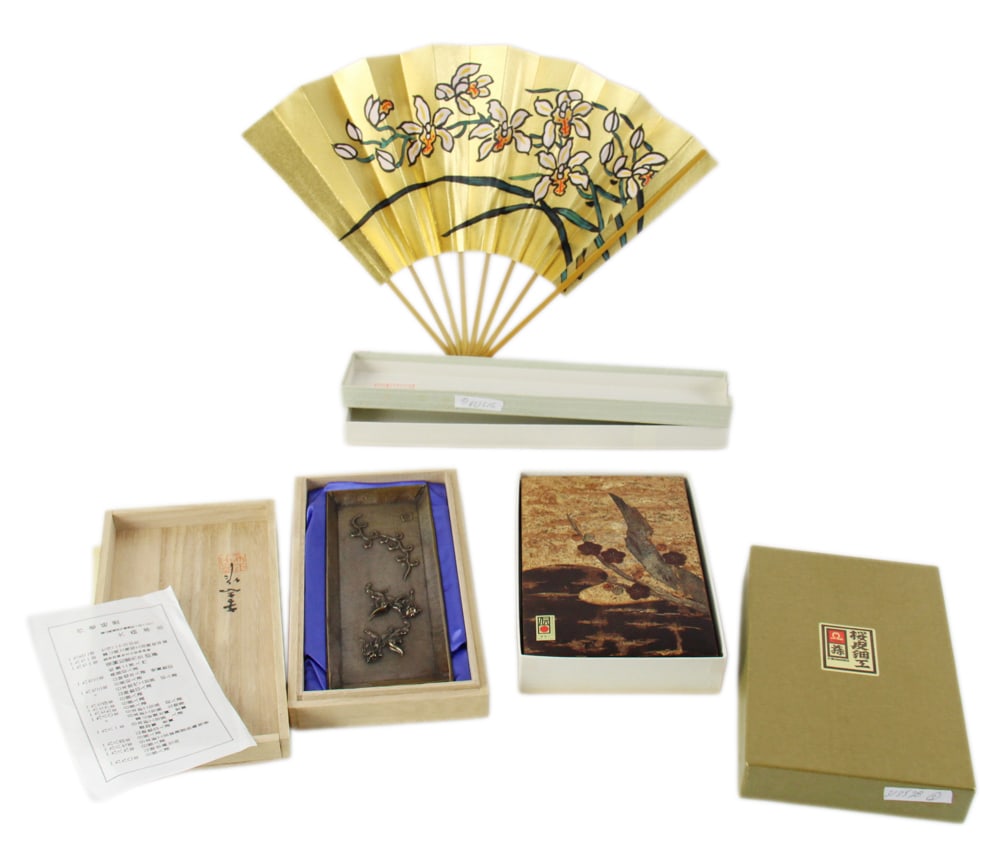 Vintage Japanese Bronze Brush Tray, Fan, Inlaid Box: Vintage Japanese bronze brush tray, 9"; gold fan; with inlaid box, 8". Provenance: Brewster, Massachusetts collection.
