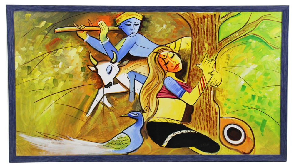 Hindu Deities Radha and Krishna, Oil on Canvas: Hindu deities Radha and Krishna, oil on canvas, 25" x 43". Provenance: Winter Park, Florida collection.