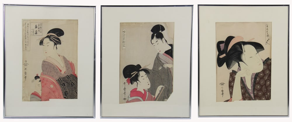 Japanese Woodblock Prints by Kitagawa Utamaro: Three Japanese woodblock prints by Kitagawa Utamaro, 14" x 9" (image), framed 20" x 16". Provenance: Wellfleet, Massachusetts collection.
