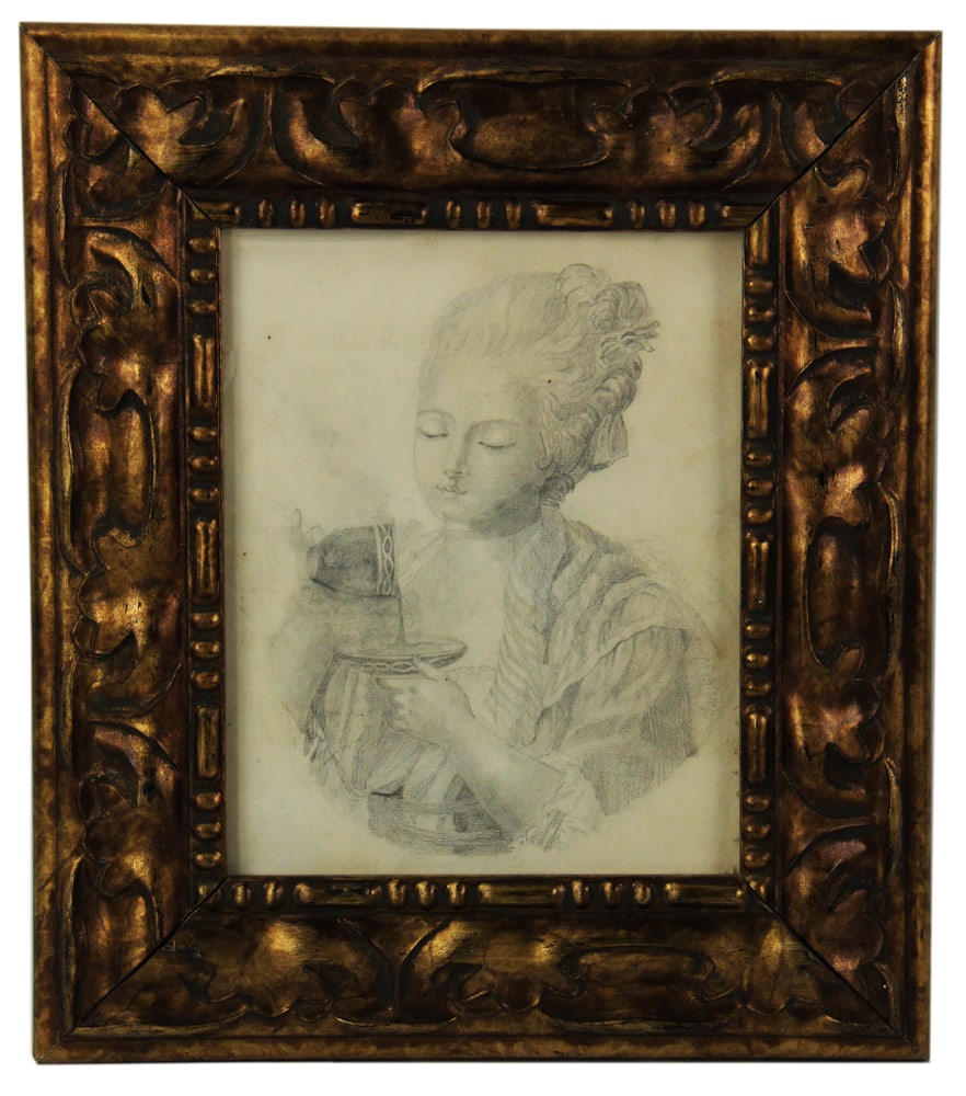 19thC Original Pencil Drawing of Girl with Cup (1 of 5)