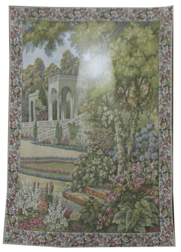 Tapestry, French Muted Temple Scene: Tapestry, French muted temple scene, 36" W x 42" H, with row of small brass rings at top. Provenance: From the 50-year personal collection of Mr. John Hvozda of Hermitage, Pennsylvania.