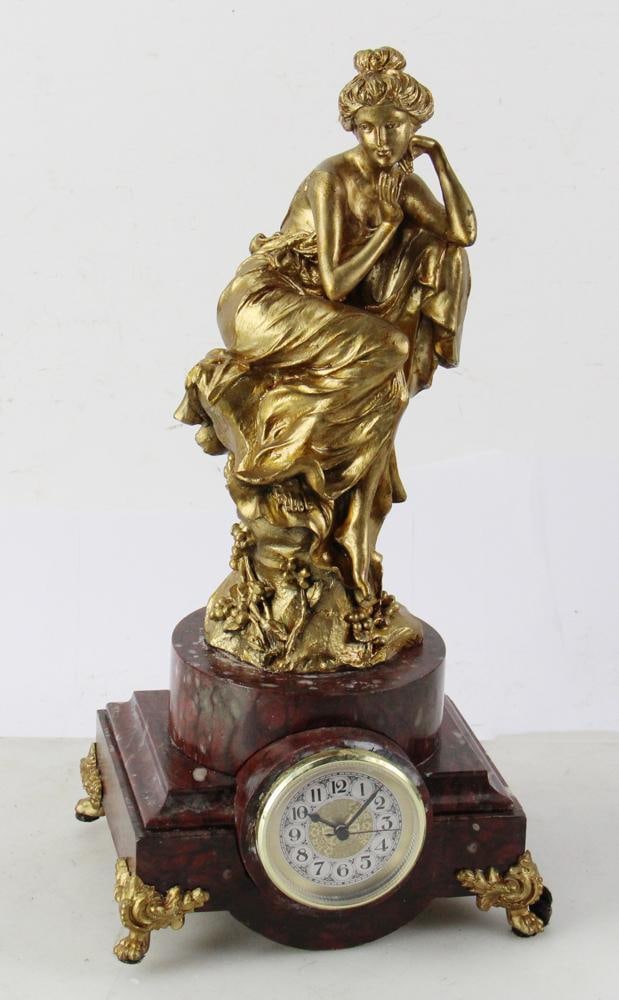 19thC Red Marble Clock Base with Bronze Statue (1 of 9)