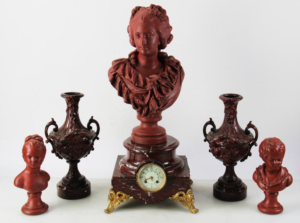 19thC French Marie Antoinette Figures, Marble Base: Set, including 19th century French large dark red marble clock stand base, square with round stand top, 8 1/2" H x 12" W x 11" D, with added terra cotta painted cast stone Marie Antoinette figure, 20"