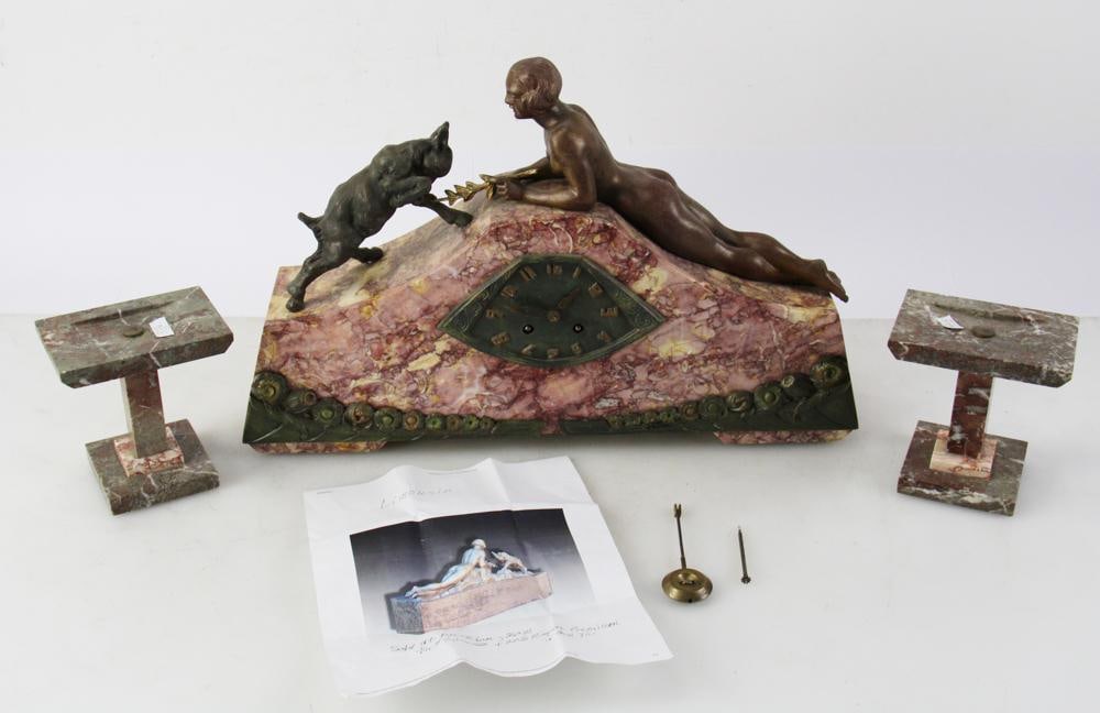 C1925 Art Deco Marble Clock, Limousin, with Tazzas (1 of 11)
