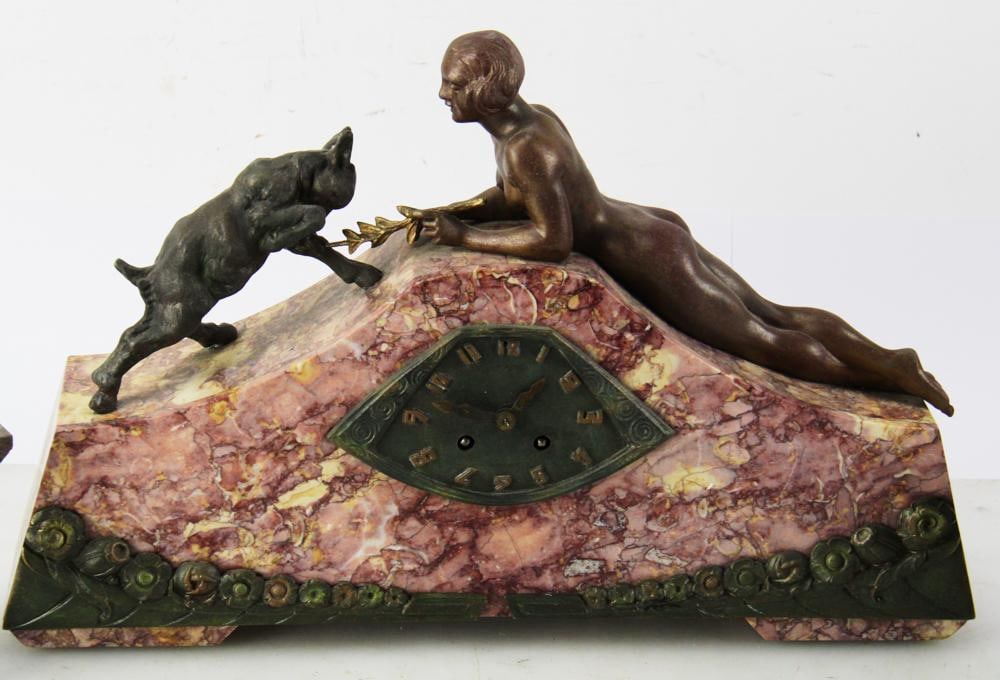 C1925 Art Deco Marble Clock, Limousin, with Tazzas - 6