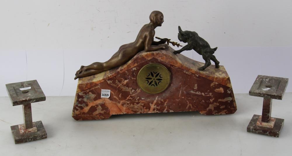 C1925 Art Deco Marble Clock, Limousin, with Tazzas - 9