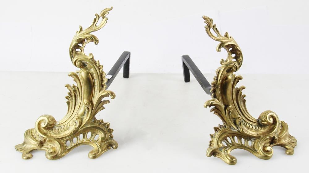 Pair of 19thC French Solid Brass Chenets, Rocaille Design (1 of 6)