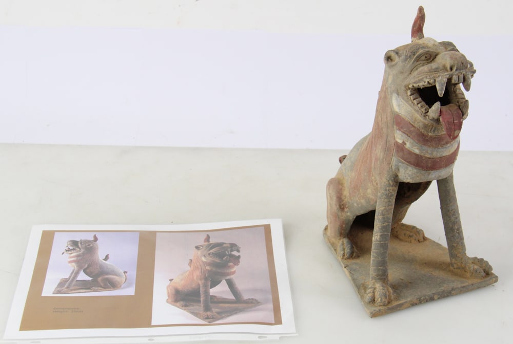 Chinese Terra Cotta Mingqi of Seated Dog or Lion: Chinese terra cotta Mingqi of a seated dog or guardian lion, Six Dynasties, 12" x 7 3/4" x 6". Provenance: Private collector from Rotterdam / Weston, Massachusetts.