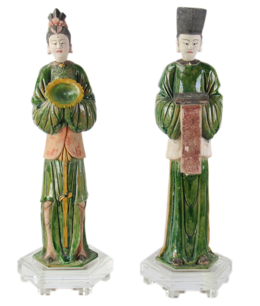 Pair of Chinese Ming Dynasty Figures on Lucite Bases: Pair of Chinese Ming Dynasty standing figures, 30" x 8", on Lucite bases 34" x 11". Provenance: Private collector from Rotterdam / Weston, Massachusetts. PLEASE NOTE: On KaminskiLIVE, lots valued at