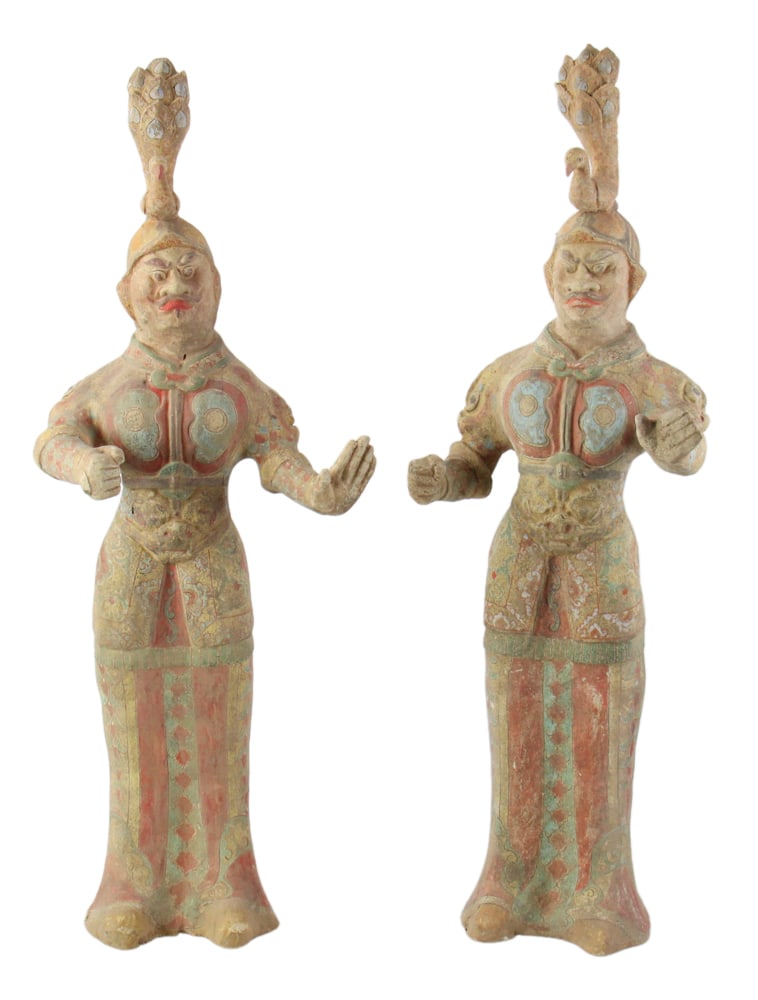 Pair of Chinese Tang Dynasty Lokapala Guardian Figures: Pair of Chinese Tang Dynasty terra cotta Lokapala guardian figures, 78 cm, 31 1/2" x 10 1/2". Provenance: Private collector from Rotterdam / Weston, Massachusetts. PLEASE NOTE: On KaminskiLIVE, lots