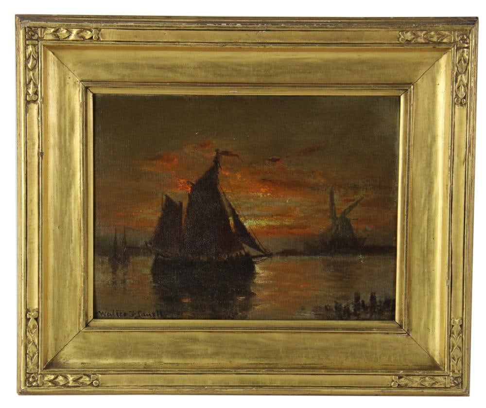 Walter F. Lansil, Harbor Scene at Sunset, Oil on Board (1 of 7)
