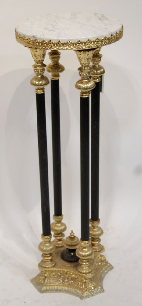 Napoleon III Style Columnar Stand with Gallery: Napoleon III style stand, four black columns with solid brass base and top gallery, square base with round inset white marble top, 39" H x 13" diameter. Separates into two pieces. Provenance: From