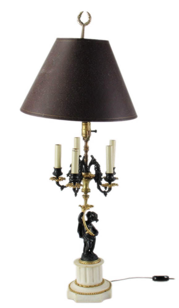 19thC Napoleon III Period Candelabrum Lamp: 19th century Napoleon III period candelabrum made into lamp, white marble base, with black cherub, five-candle cups with gold and black accents, approximately 41" H x 10" diameter. Matches well with
