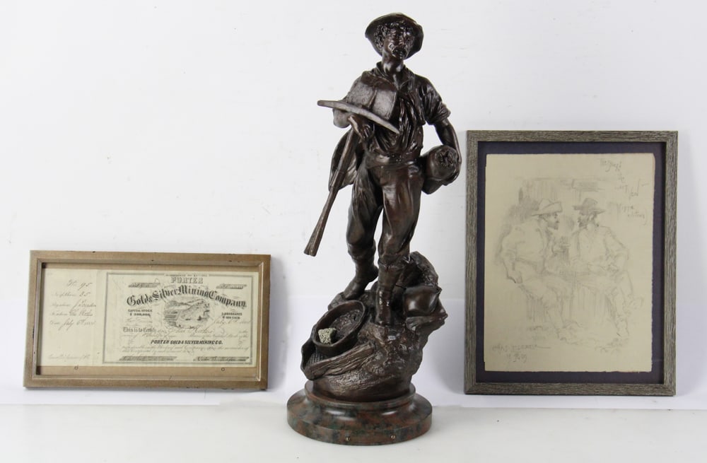 Gold Mining Themed 19thC Grouping: Gold mining themed 19th century grouping, to include: bronze painted metal gold prospector figure, 22" H x 9" diameter, made in France; original 1863 gold and silver mine stock certificate (huge amoun