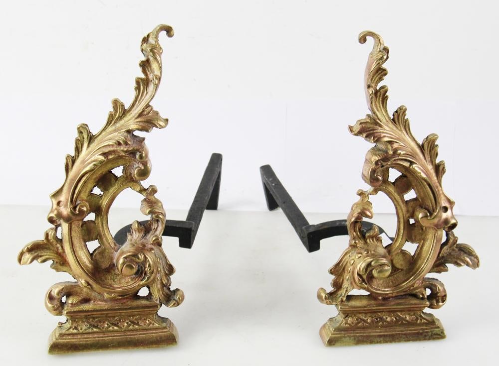 Pair of 19thC French Brass Chenets, Pierced Rocaille Design (1 of 4)