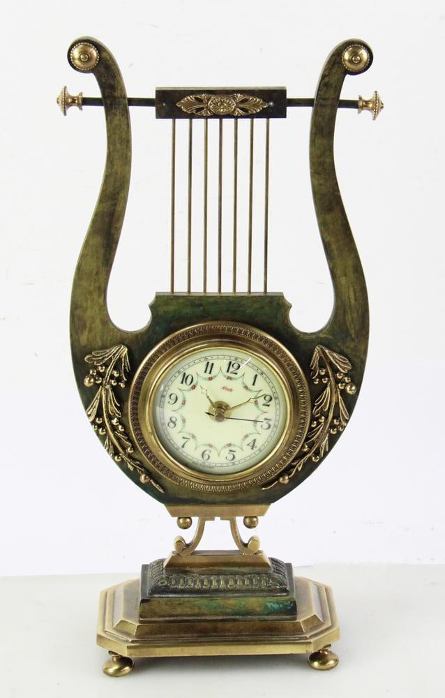19thC French Napoleon I Style Lyre Clock: 19th century French Napoleon I style lyre clock, solid dark green and gilt bronze, movement quartz replacement, 18" H. Provenance: From the 50-year personal collection of Mr. John Hvozda of Hermitage,
