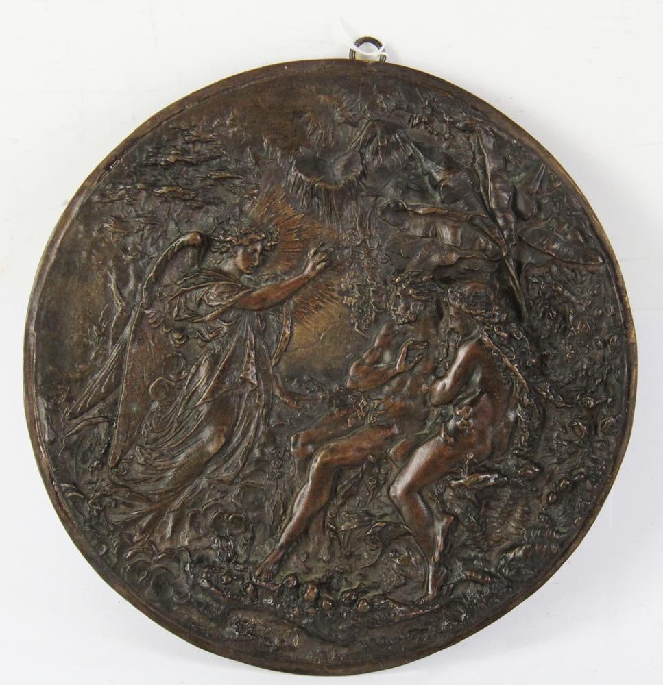 Mid-19thC Renaissance-style Bronze Adam and Eve Plaque: Mid-19th century Renaissance-style round solid bronze Adam and Eve wall plaque, 10" diameter. Provenance: From the 50-year personal collection of Mr. John Hvozda of Hermitage, Pennsylvania.