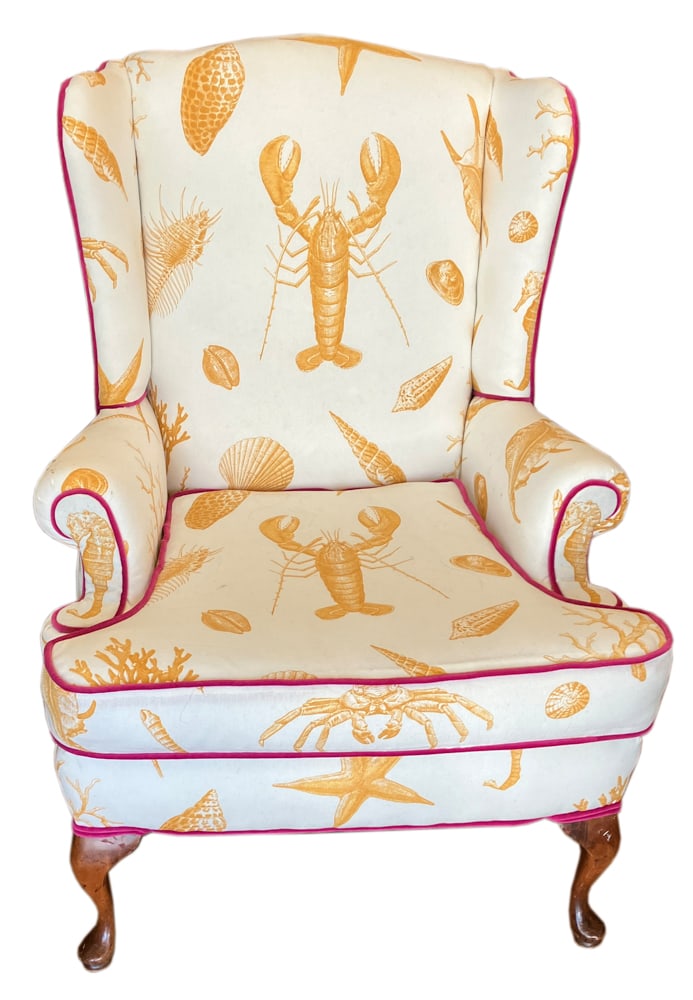 Late 20thC Queen Anne Style Chair with Lobster Design: Late 20th century Queen Anne style side chair with lobster design, 44" x 24" x 31".