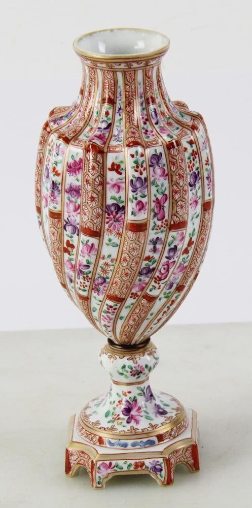 19thC "Samson" Porcelain Vase with Floral Design: 19th century "Samson" porcelain vase, white with vertical curvy painted red and pink floral design, 9" H. Provenance: From the 50-year personal collection of Mr. John Hvozda of Hermitage, Pennsylvania