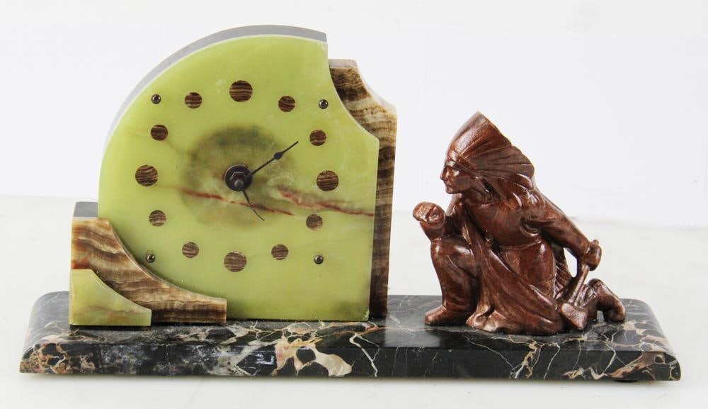 Mid-20thC Art Deco Tri-color Stone Clock: Mid-20th century Art Deco tri-color stone clock with Native American figure, 10" H x 18" W. Provenance: From the 50-year personal collection of Mr. John Hvozda of Hermitage, Pennsylvania.