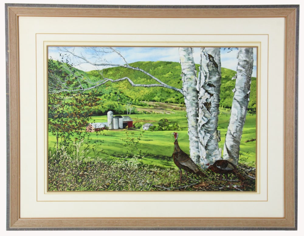 Mary Barrett Brown, Wild Turkeys and Farm Scene: Mary Barrett Brown, wild turkeys and farm scene, watercolor gouache, 19 1/4" x 28" (sight), framed 30" x 28 1/2". Provenance: Estate of Dalia Zikas of Melrose, Massachusetts.