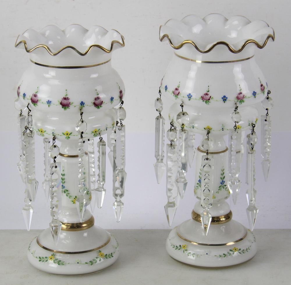 Pair of 19thC Bohemian White Glass Lustres: Pair of 19th century Bohemian white glass lustres with large hanging crystal spears and finely hand-painted roses, 13" H x 6" diameter. Provenance: From the 50-year personal collection of Mr. John Hvo