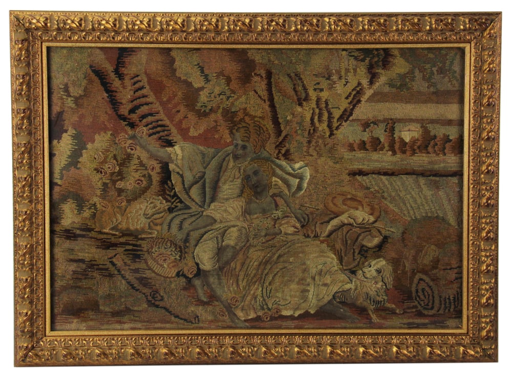 Mid-19thC Needlework Depicting Lovers Under Tree (1 of 5)