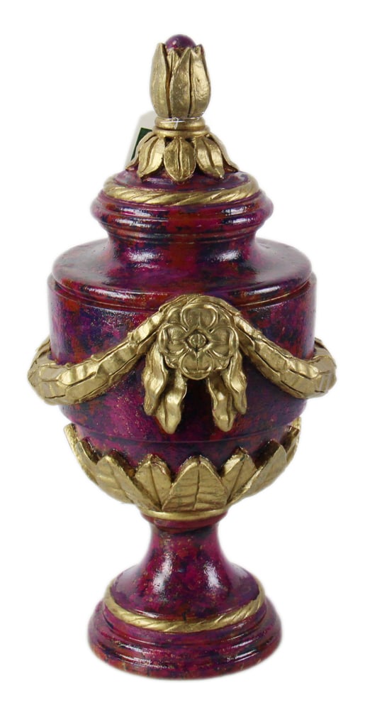 Decorative French-style Painted Urn with Gold Accents: Decorative French-style faux red-tortoise painted urn with gold accents, resin, 21" H x 11" diameter. Provenance: From the 50-year personal collection of Mr. John Hvozda of Hermitage, Pennsylvania.