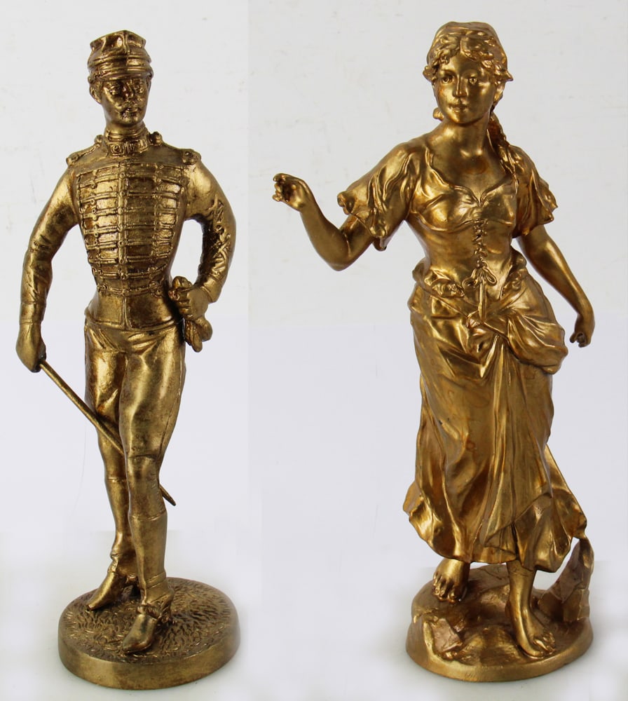Pair of 19thC Gilt Bronze Napoleonic Soldier and Woman Figures: Pair of 19th century gilt solid bronze Napoleonic soldier and woman figures, 15" H x 7" W. Provenance: From the 50-year personal collection of Mr. John Hvozda of Hermitage, Pennsylvania.