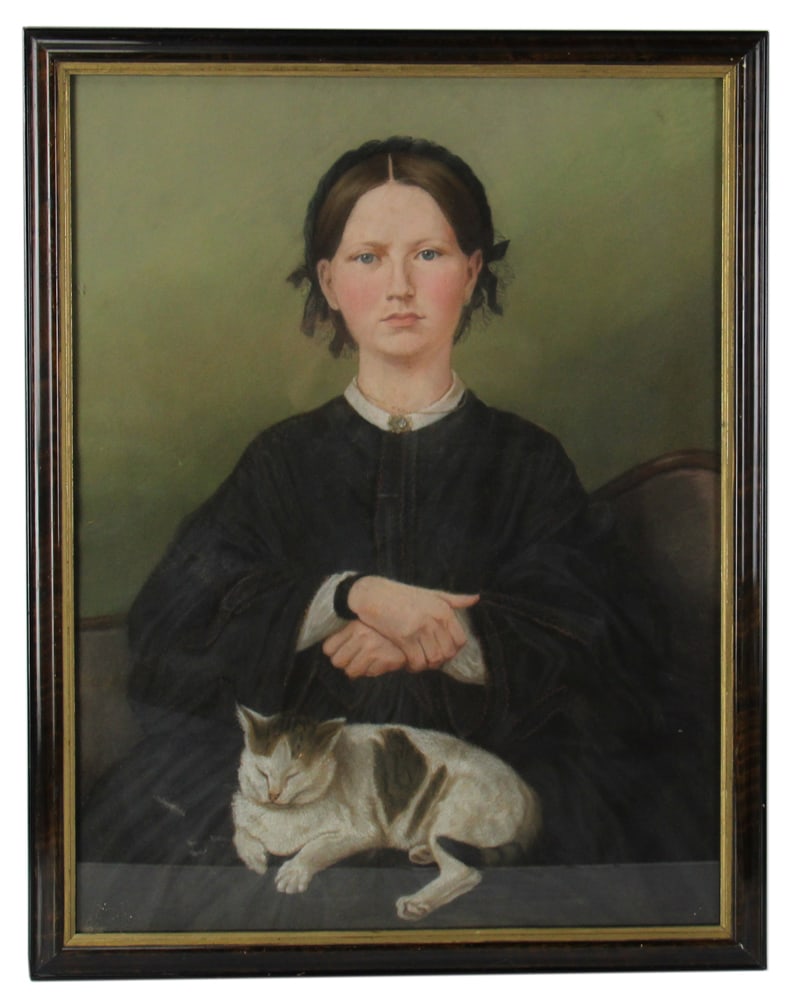 Woman with Cat, Pastel: Woman with cat, pastel, 26 3/4" x 20 5/8", framed 30" x 27 1/2". Provenance: Estate of Dalia Zikas of Melrose, Massachusetts.