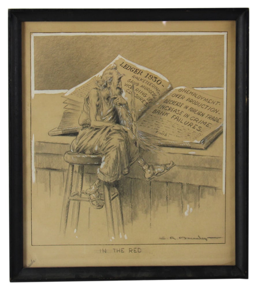 C.R. Macauley, "In the Red", Lithograph with Gouache: C.R. Macauley, "In the Red", lithograph with gouache highlights, 15" x 13" (sight), framed 16 3/4" x 14 3/4". Provenance: Estate of Dalia Zikas of Melrose, Massachusetts.